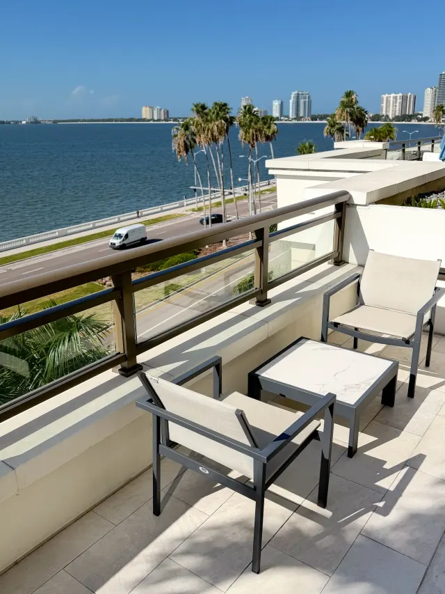 Bronze-finish glass balcony railing overlooking Bayshore Boulevard and Hillsborough Bay.